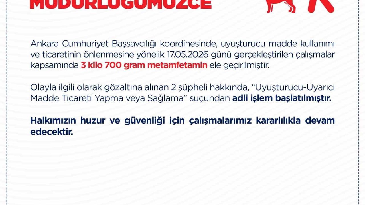 Ankara'da Narkotik Operasyonu: 17 Mayıs'ta 3 kilo 700 gram metamfetamin ele geçirildi, 2 gözaltı