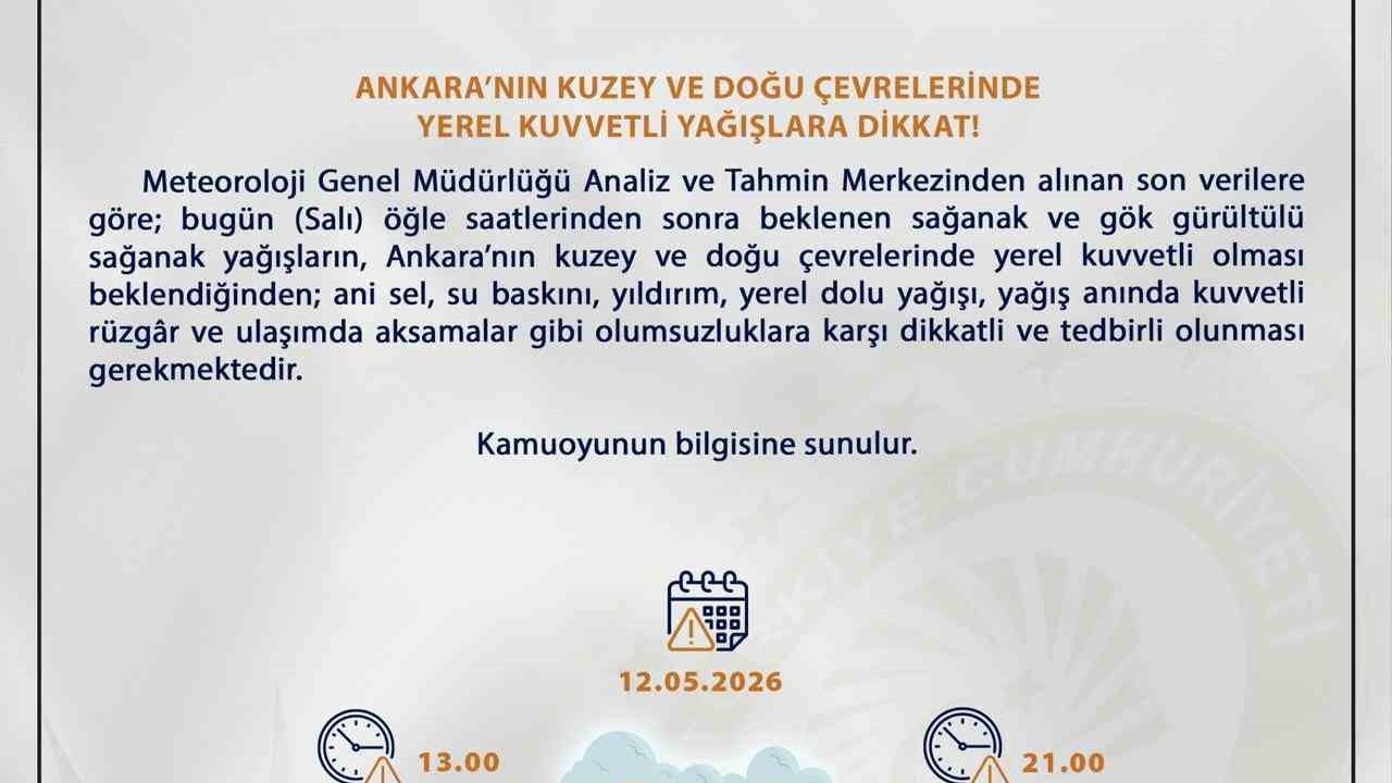 Ankara Valiliği'nden kuvvetli yağış uyarısı: Kuzey ve doğu çevreleri için tedbir çağrısı