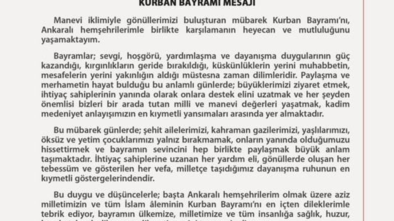 Ankara Valisi Yakup Canbolat'ın Kurban Bayramı Mesajı: Dayanışma ve Paylaşma Vurgusu