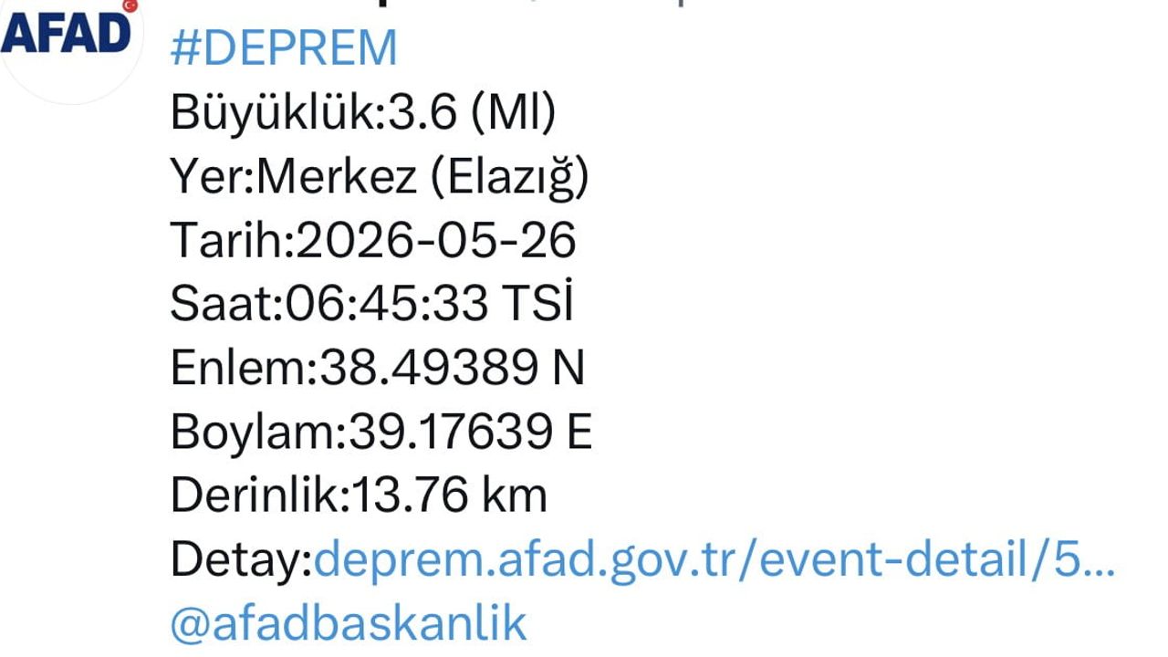 Elazığ'da 3.6 büyüklüğünde deprem — AFAD: Olumsuz durum bildirilmedi