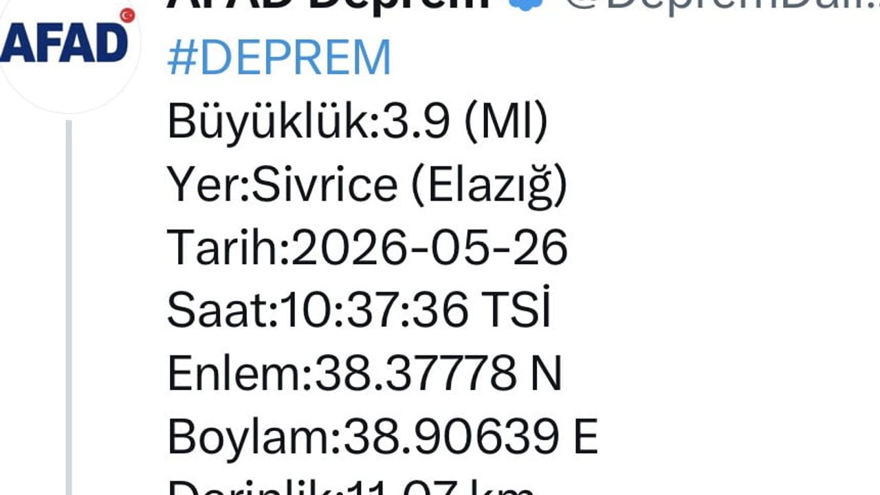 Elazığ'da 3.9 büyüklüğünde deprem; olumsuz durum bildirilmedi