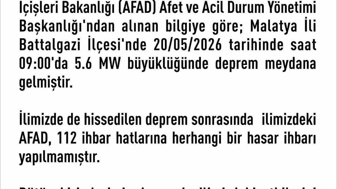 Elazığ Valiliği: Malatya Battalgazi merkezli 5.6 büyüklüğündeki depremde hasar ihbarı yok