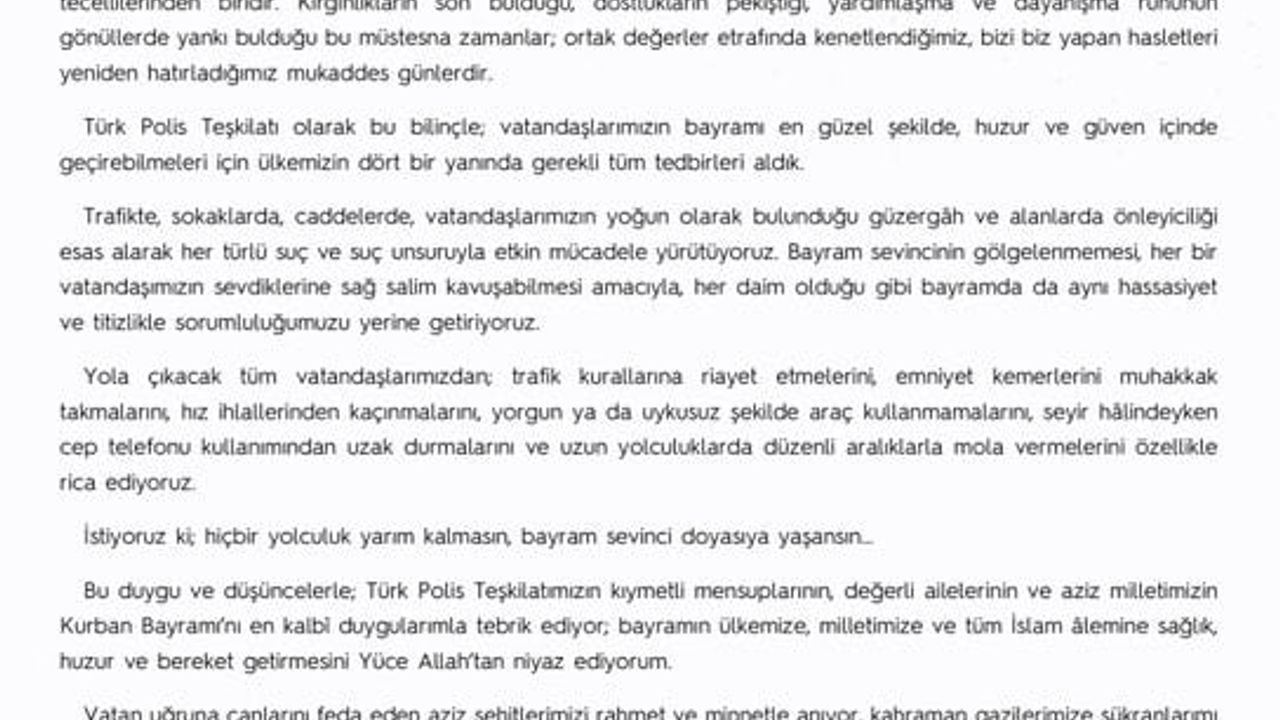 Emniyet Genel Müdürü Ali Fidan’dan Kurban Bayramı mesajı: Trafikte güvenlik ve birlik vurgusu