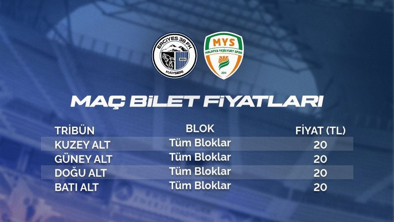Erciyes 38 FSK - Malatya Yeşilyurtspor maç biletleri 20 TL