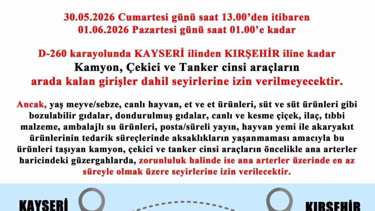 Kayseri'de bayram dönüşü D-260'da kamyon, çekici ve tanker trafiğine geçici kısıtlama
