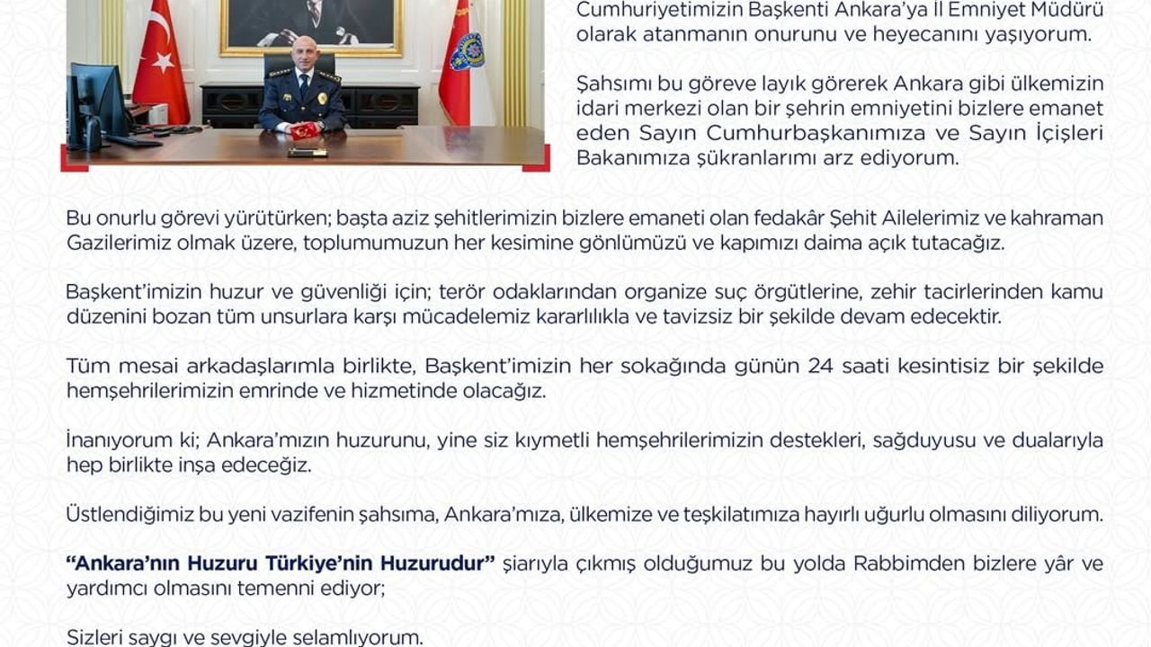 Maksut Yüksek, Ankara İl Emniyet Müdürlüğü'ne atandı: "Mücadelemiz kararlılıkla ve tavizsiz bir şekilde devam edecektir"