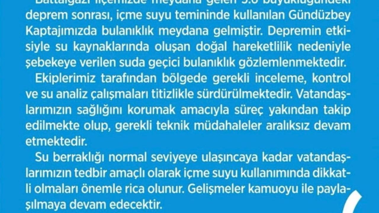 Malatya'da 5,6 büyüklüğündeki deprem sonrası Gündüzbey Kaptajı'nda içme suyu bulanıklığı