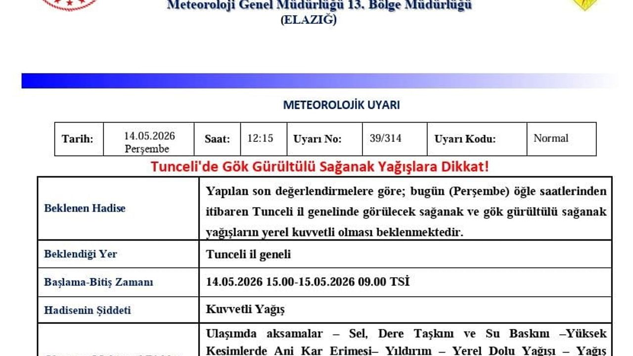 Meteoroloji'den Tunceli için gök gürültülü sağanak yağış uyarısı