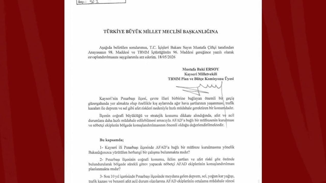 MHP'li Baki Ersoy, Pınarbaşı'na AFAD müfrezesi ve nöbetçi ekip talebini TBMM'ye taşıdı