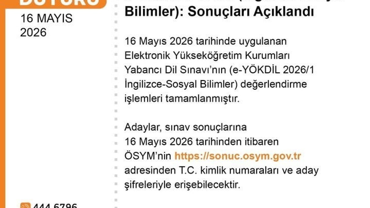 ÖSYM e‑YÖKDİL 2026/1 (İngilizce‑Sosyal Bilimler) sonuçlarını açıkladı