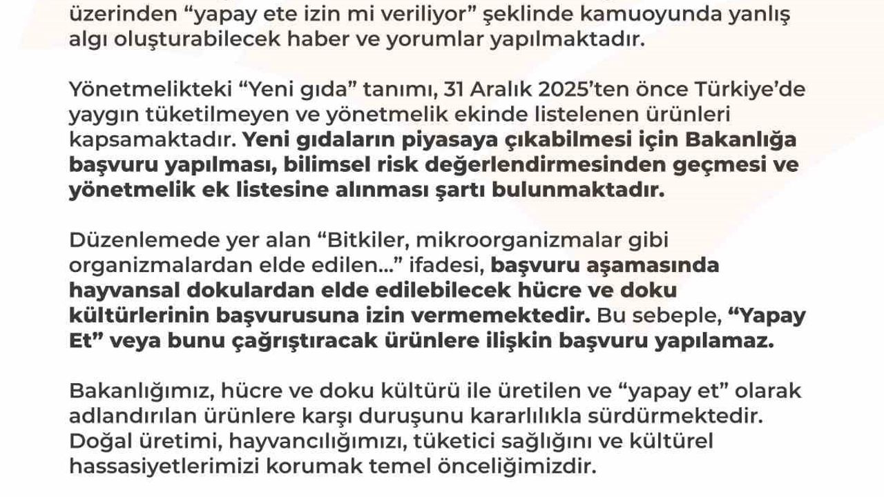 Tarım ve Orman Bakanlığı: Türkiye sınırları içinde yapay et üretimi ve tüketimi söz konusu değildir