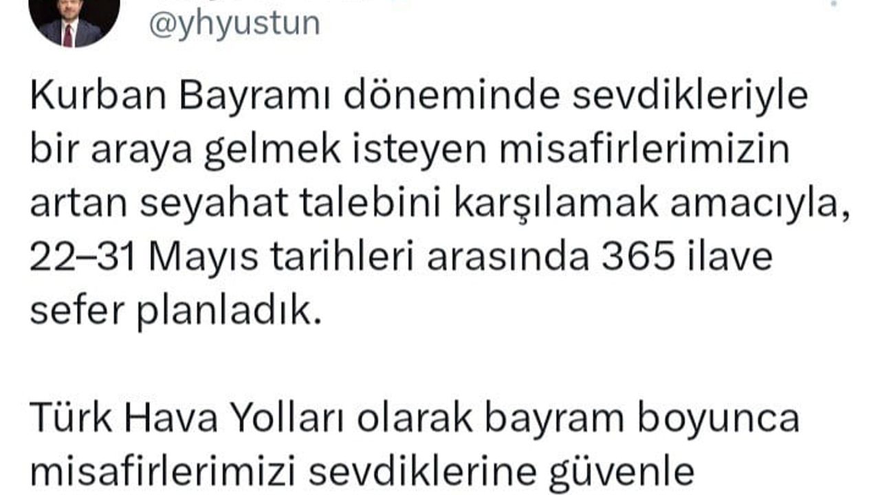 Türk Hava Yolları, Kurban Bayramı için 22-31 Mayıs aralığında 365 ilave sefer planladı