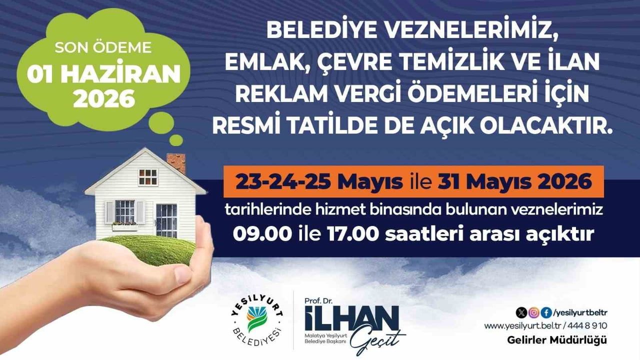 Yeşilyurt Belediyesi vezneleri resmi tatilde vergi ödemeleri için açık olacak