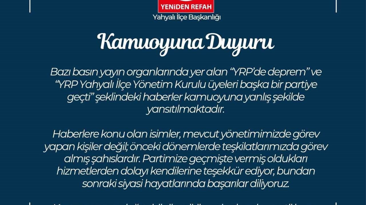YRP Kayseri İl Başkanlığı: Yahyalı iddiaları gerçeği yansıtmıyor