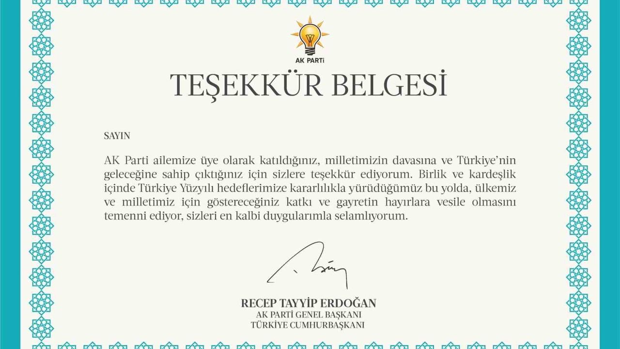 AK Parti’den 11,5 milyon üyesine Cumhurbaşkanı Erdoğan imzalı teşekkür belgesi