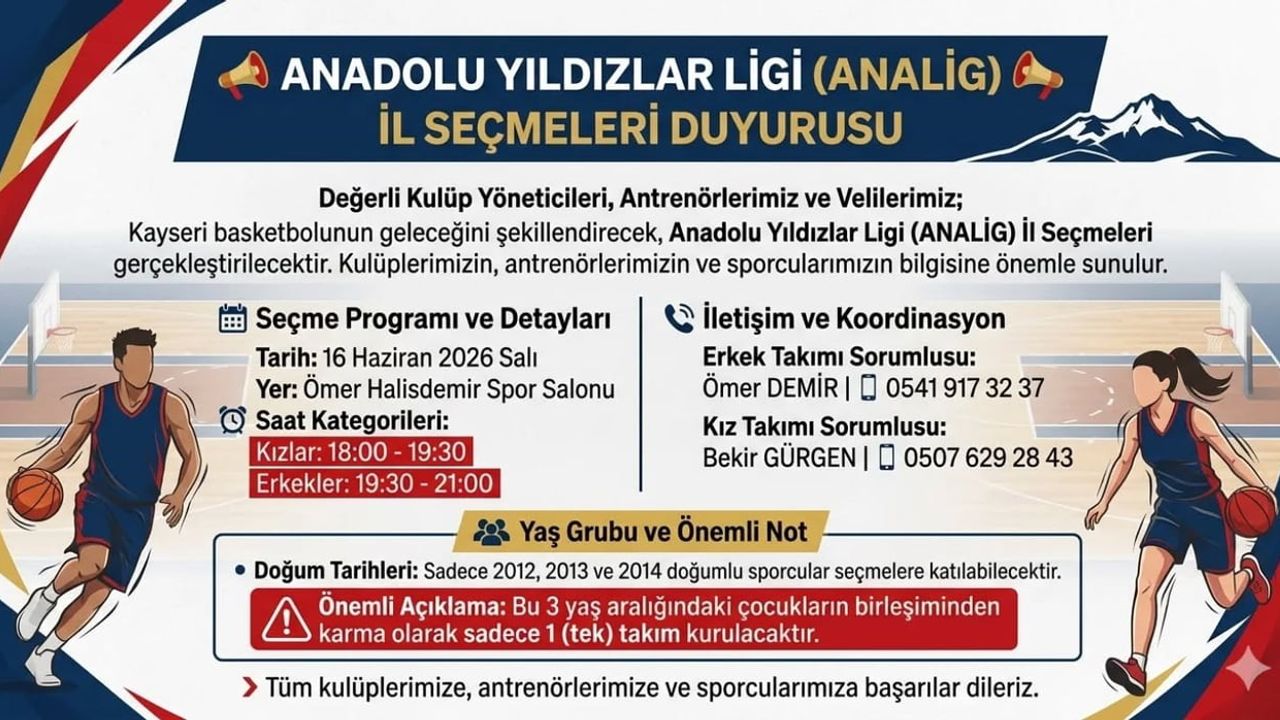 ANALİG Basketbol Kayseri İl Seçmeleri 16 Haziran 2026'da Ömer Halisdemir Spor Salonu'nda