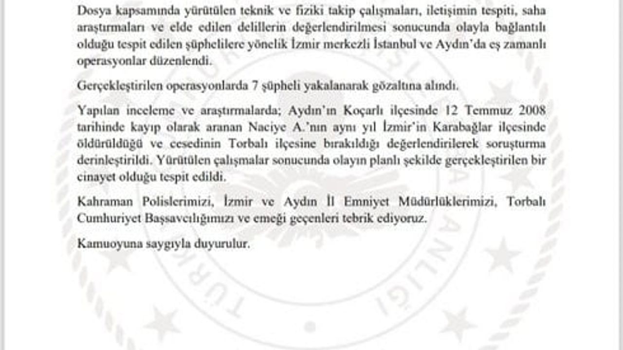 Aydın'daki 2008 kayıp vakası planlı cinayet olarak değerlendirildi: 7 gözaltı
