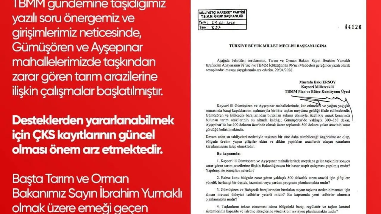Baki Ersoy müjdeyi verdi: Develi'de taşkın zararlarına ilişkin çalışmalar başlatıldı