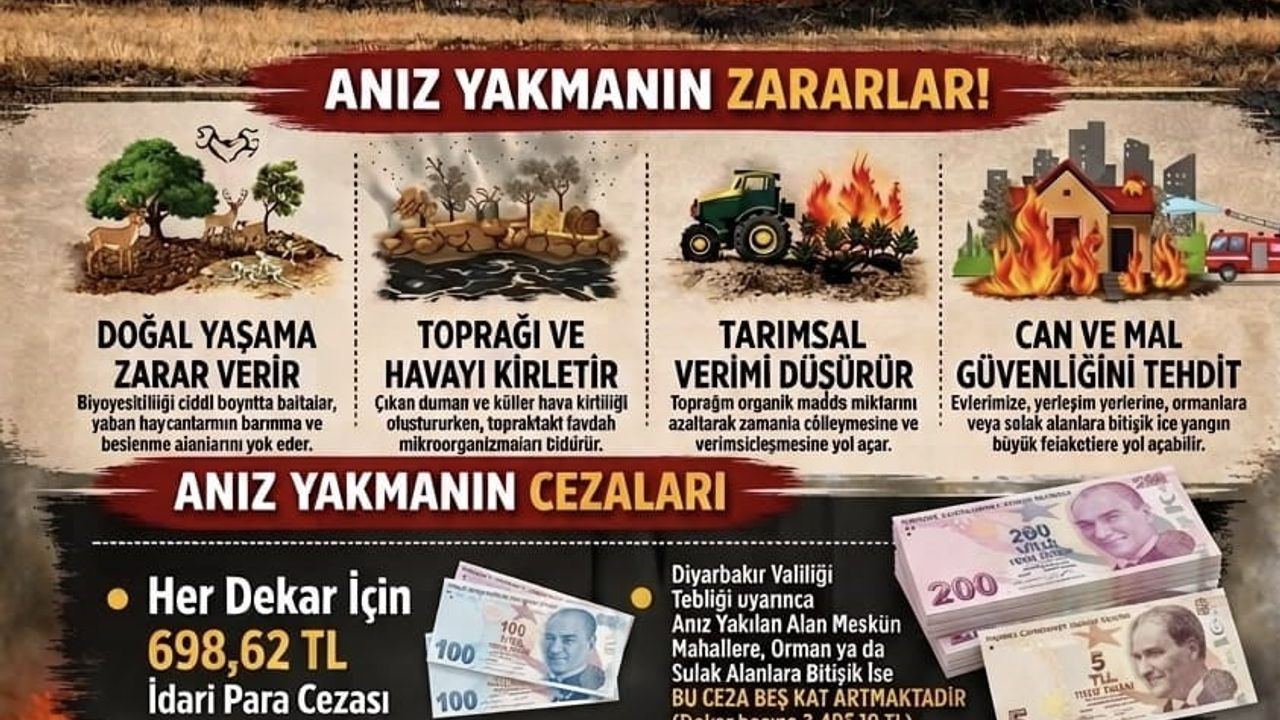 Diyarbakır’da anız yakmaya dekar başına 698,62 lira idari para cezası uygulanacak