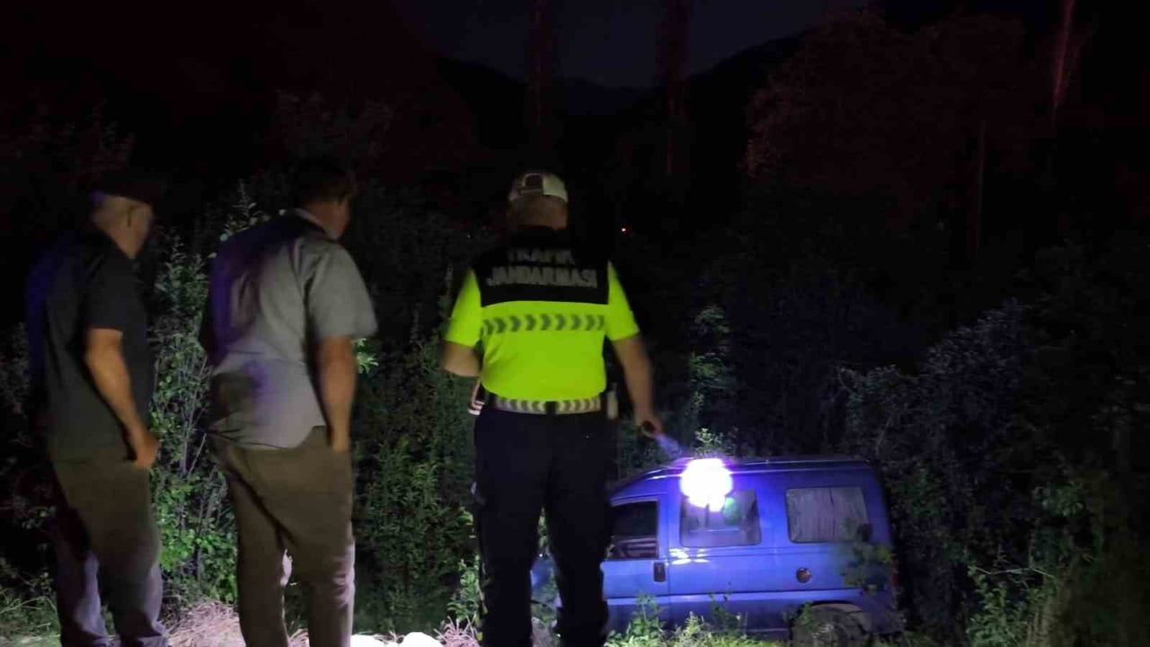 Freni patlayan hafif ticari araç bahçeye düştü