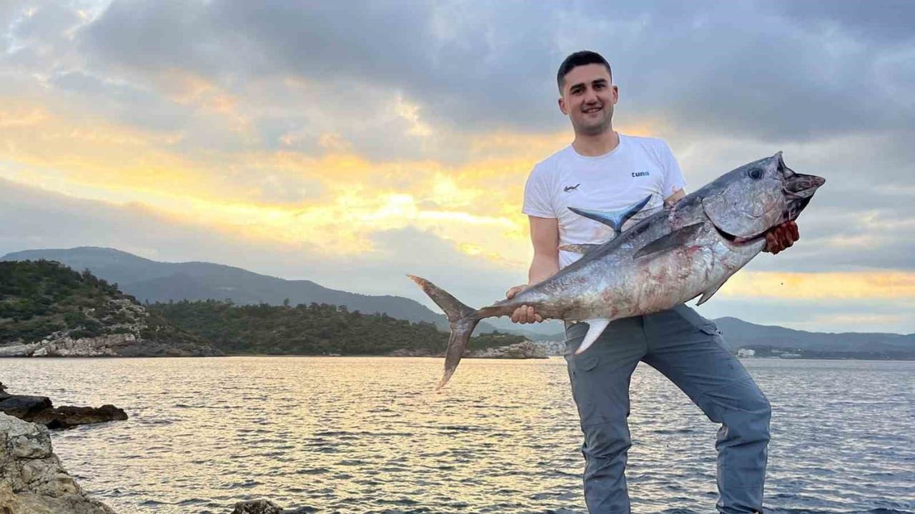 İzmir kıyısında shore jigging ile kıyıdan nadir yakalanan mavi yüzgeçli orkinos kıyıya çıkarıldı