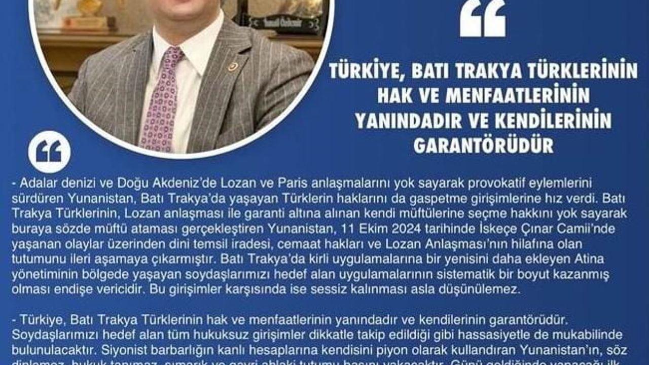 MHP'li Özdemir: Türkiye, Batı Trakya Türklerinin hak ve menfaatlerinin yanındadır ve garantörüdür