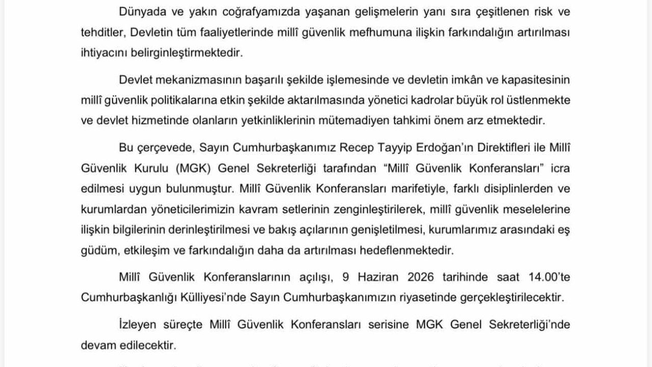 Milli Güvenlik Konferansları 9 Haziran 2026'de Cumhurbaşkanlığı Külliyesi'nde Açılacak