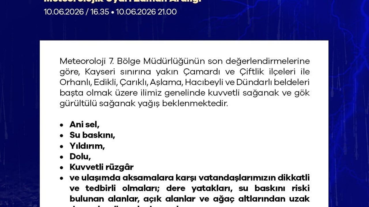 Niğde'de kuvvetli sağanak uyarısı: Çamardı, Çiftlik ve bazı beldeler risk altında