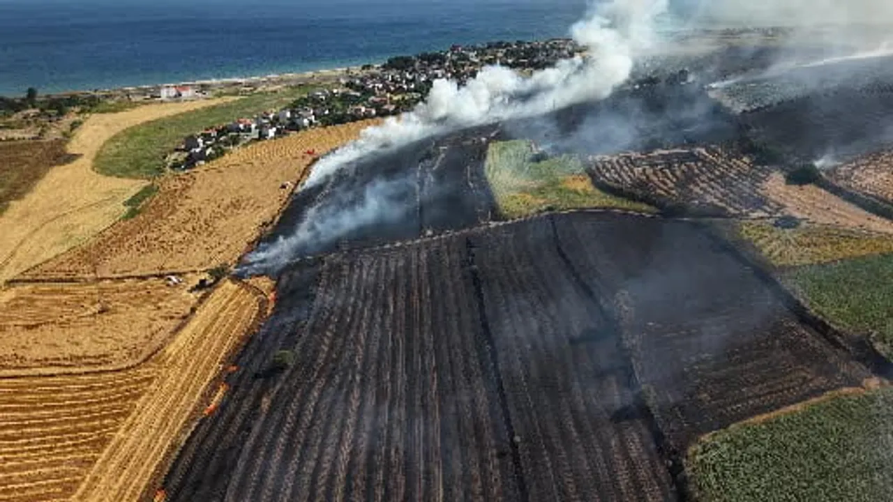 Tekirdağ'daki tarla yangınının boyutu drone ile görüntülendi