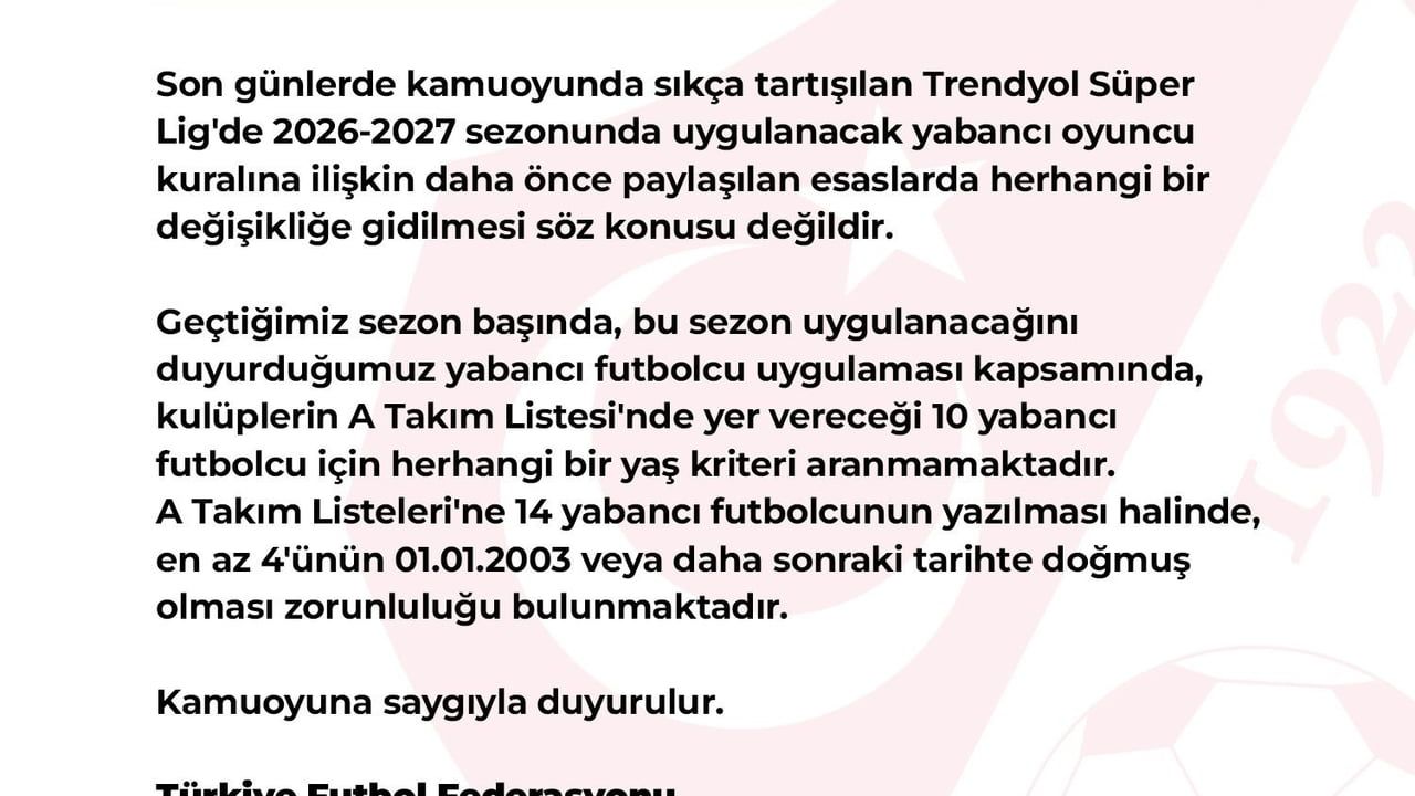 TFF yeni sezonda yabancı kuralında değişiklik yapmayacak