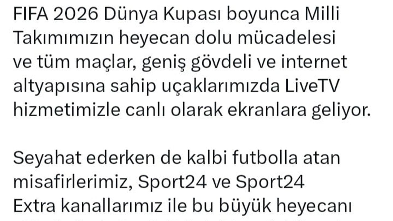 Türk Hava Yolları (THY) uçuşlarında FIFA 2026 Dünya Kupası maçları canlı yayınlanacak