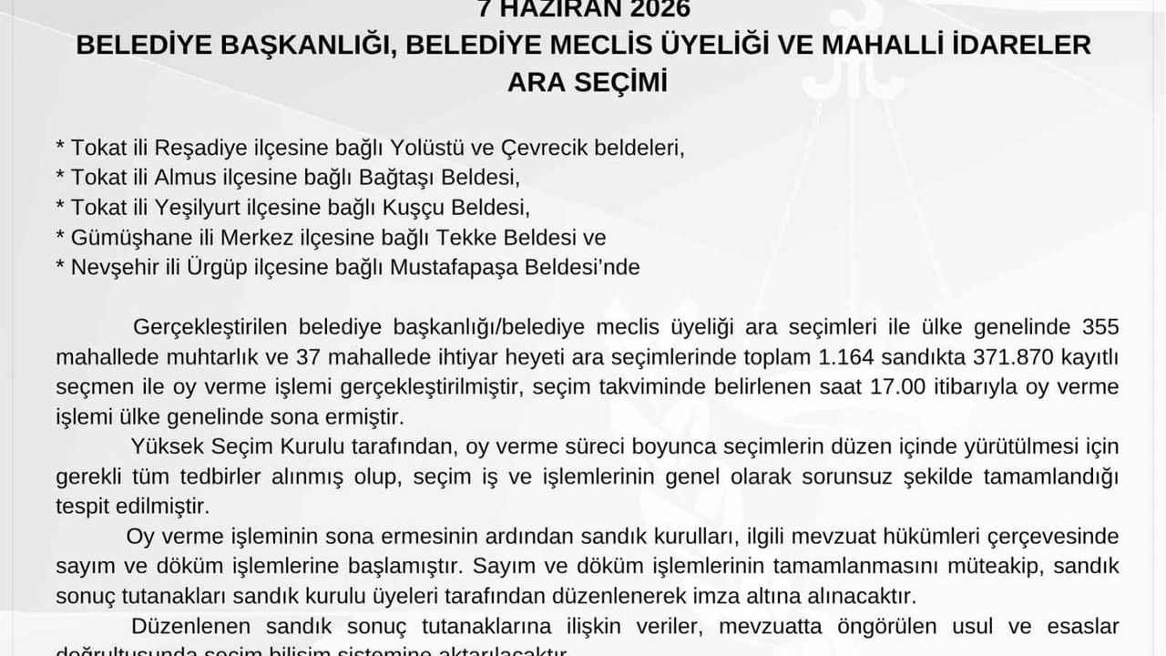 YSK Başkanı Serdar Mutta: Ara seçimlerde 1.164 sandıkta 371.870 kayıtlı seçmen oy kullandı