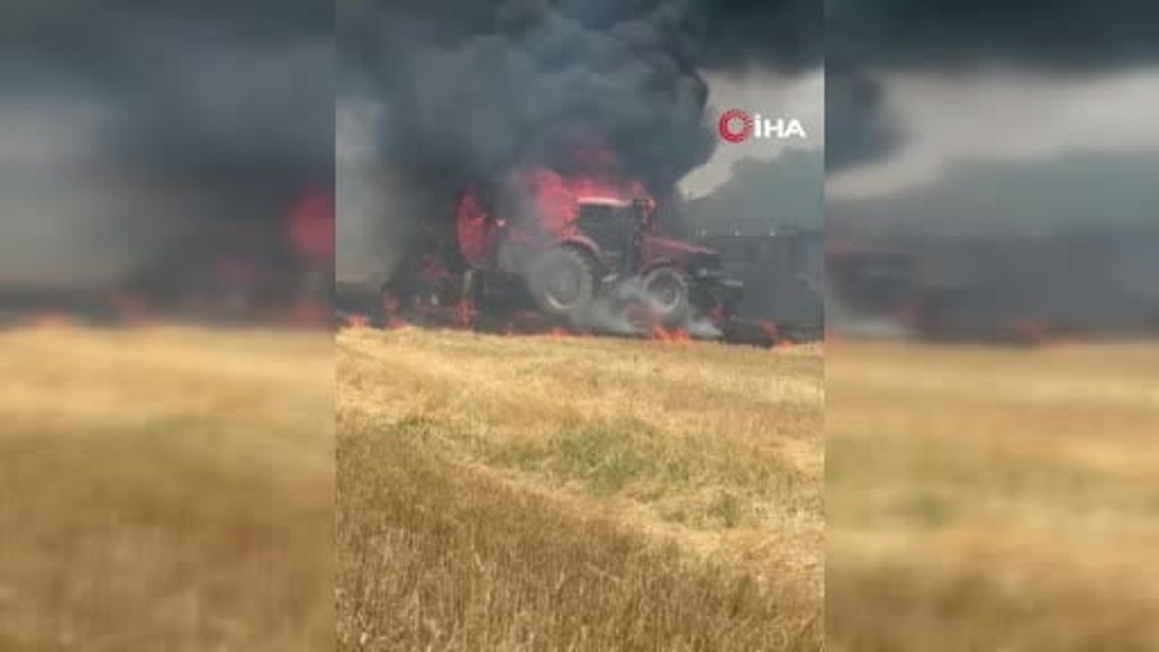 Ankara'da balya makinesinden çıkan yangında traktör kullanılamaz hale geldi