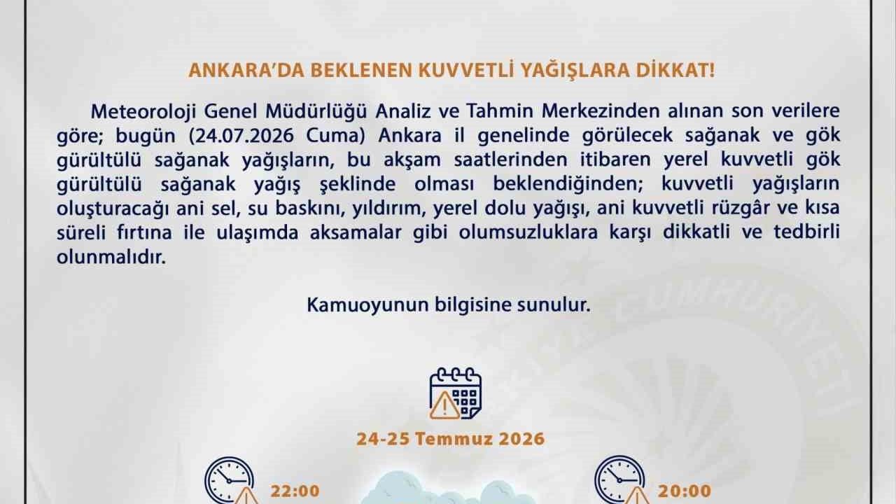 Ankara'ya sağanak uyarısı: valilikten tedbir çağrısı
