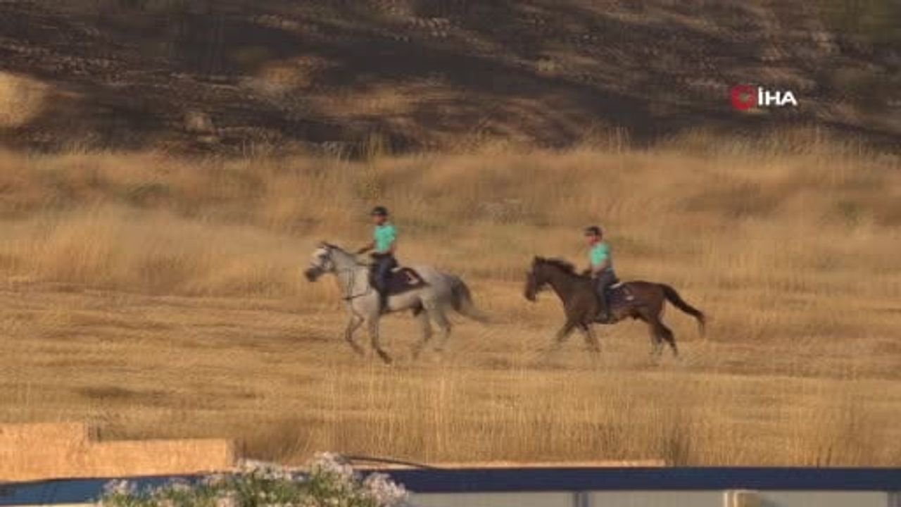 Atlı jandarmalar Pamukkale'deki yangın bölgesine hortum taşıdı