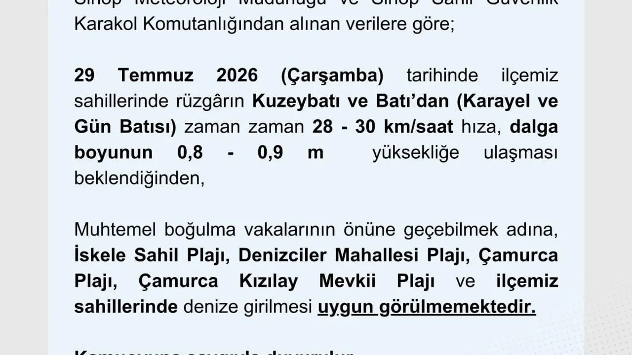 Ayancık'ta bazı plajlarda 29 Temmuz için denize girilmesi uygun görülmedi