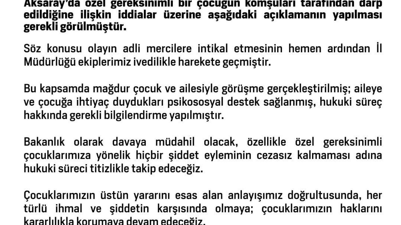 Bakanlık açıkladı: Aksaray'daki özel gereksinimli çocuğa psikososyal destek sağlandı