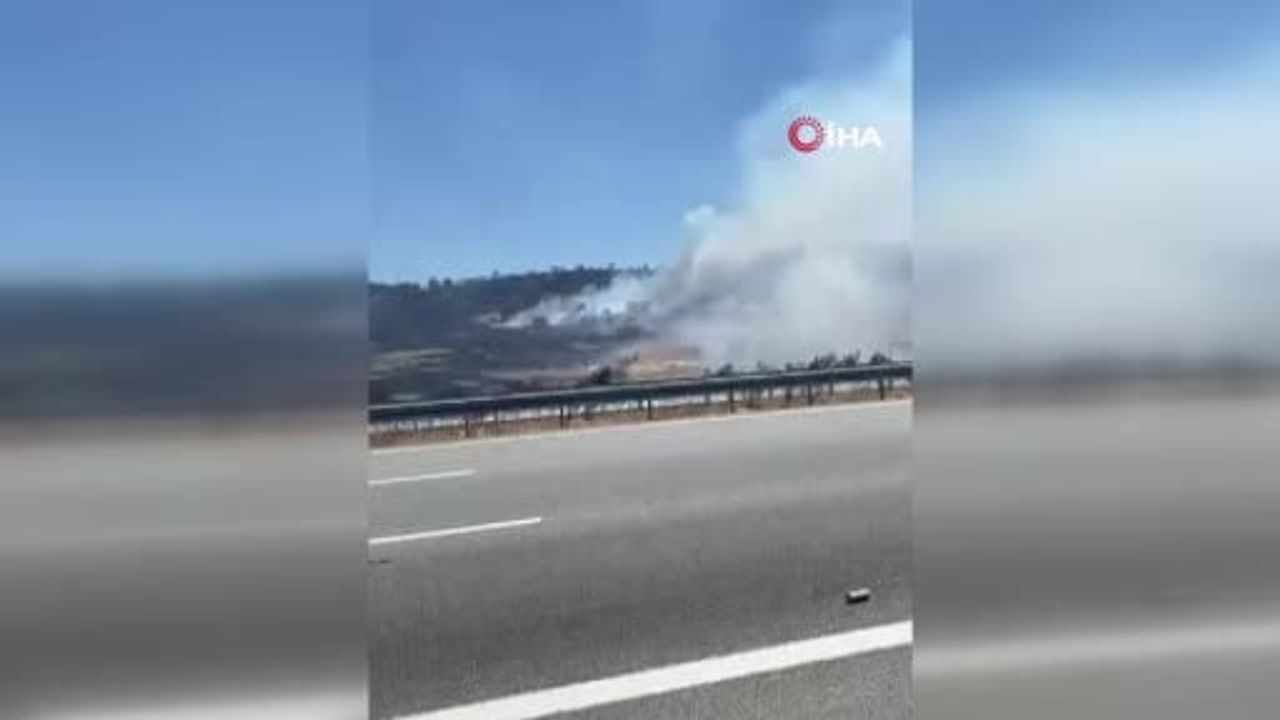 Balıkesir'de otoban kenarında çıkan yangına havadan ve karadan müdahale