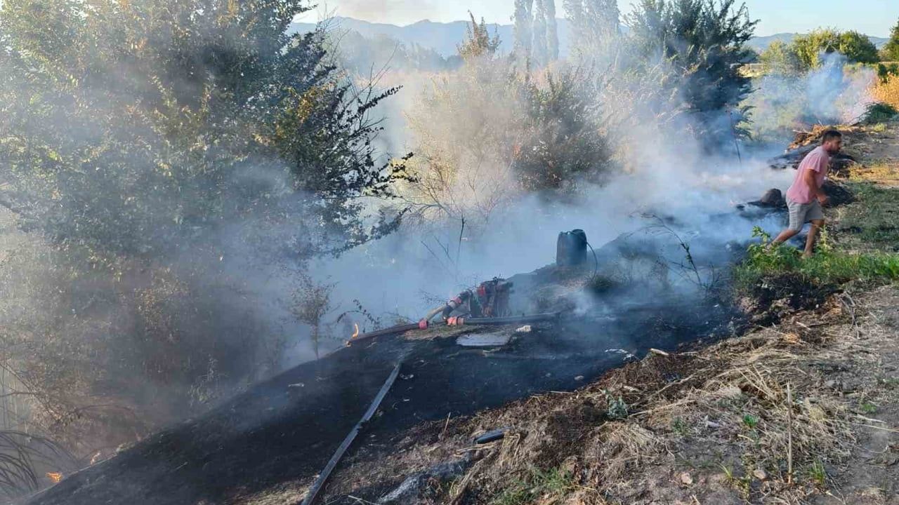 Burhaniye'de ot yangını itfaiye ekipleri tarafından söndürüldü