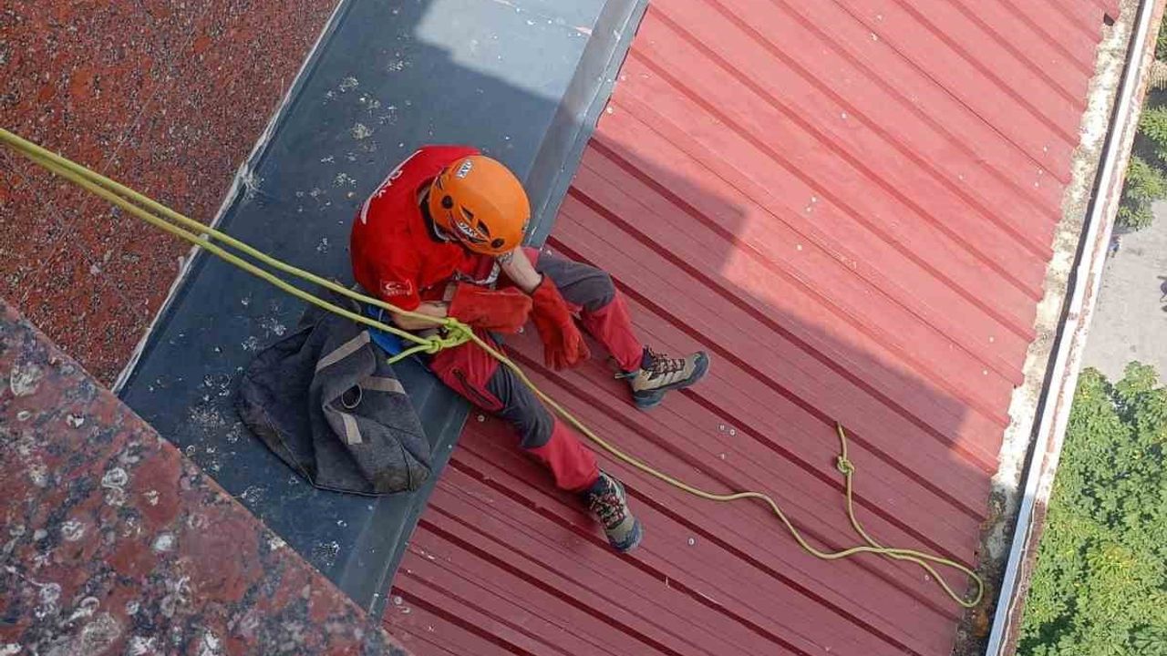 Dar alanda sıkışan kedi Dorlion ekiplerinin iple erişimiyle kurtarıldı