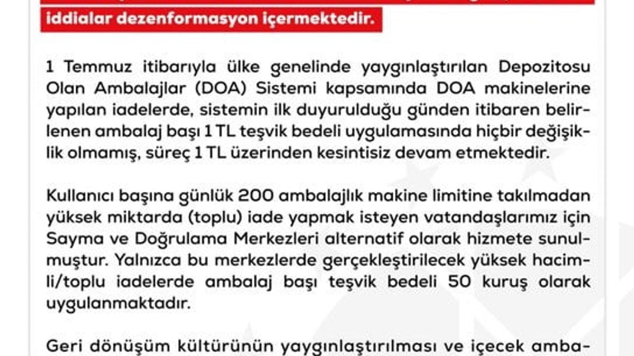 Dezenformasyon iddiası yalanlandı: DOA iade tutarı 1 TL olarak sürüyor