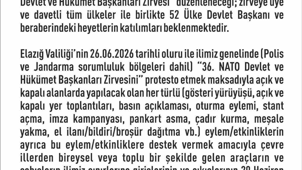 Elazığ’da 14 günlük eylem yasağı