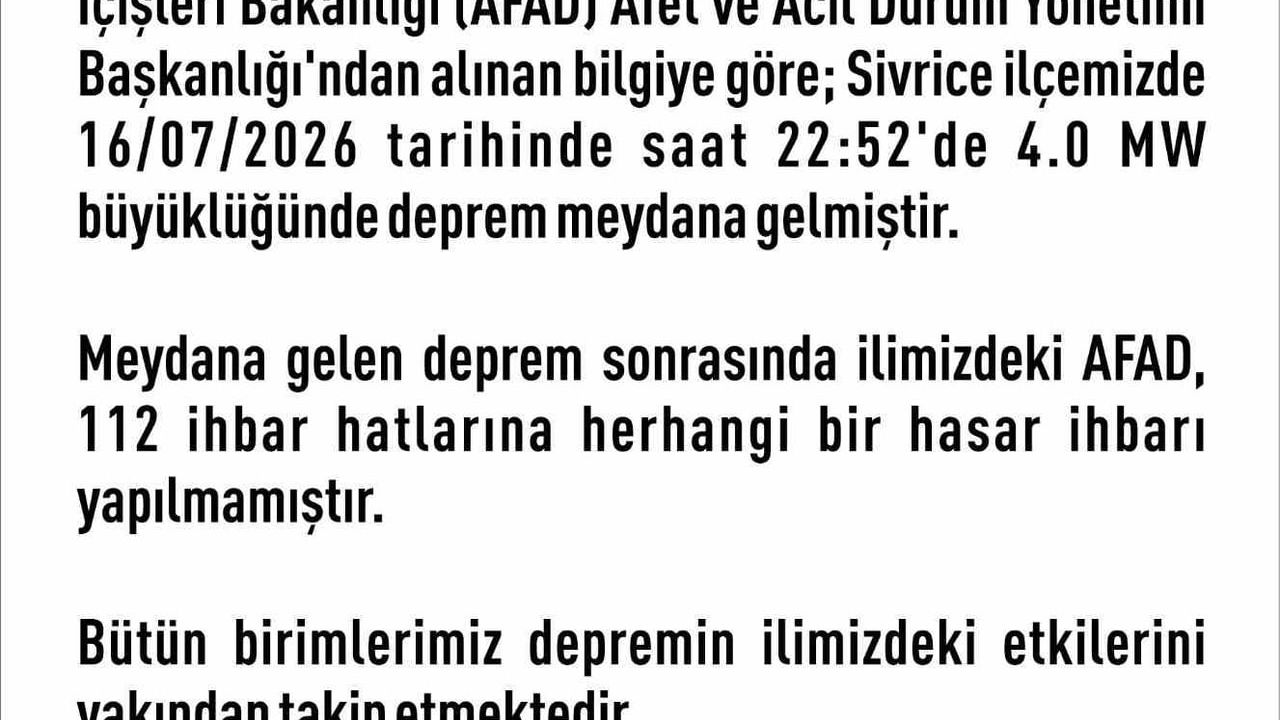 Elazığ'da Sivrice merkezli 4.0 büyüklüğünde deprem: herhangi bir hasar bildirimi yok