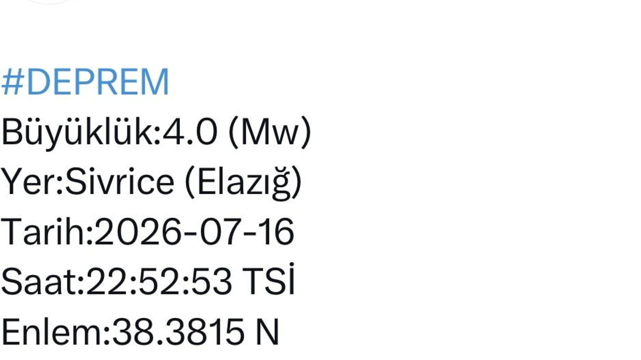 Elazığ'ın Sivrice ilçesinde 4.0 büyüklüğünde deprem