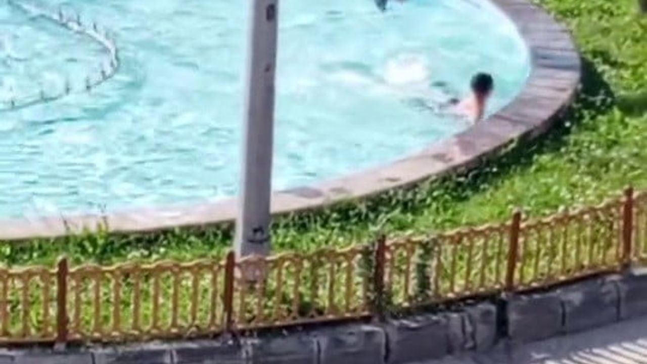 Erzurum'da çocuklar süs havuzunda serinledi