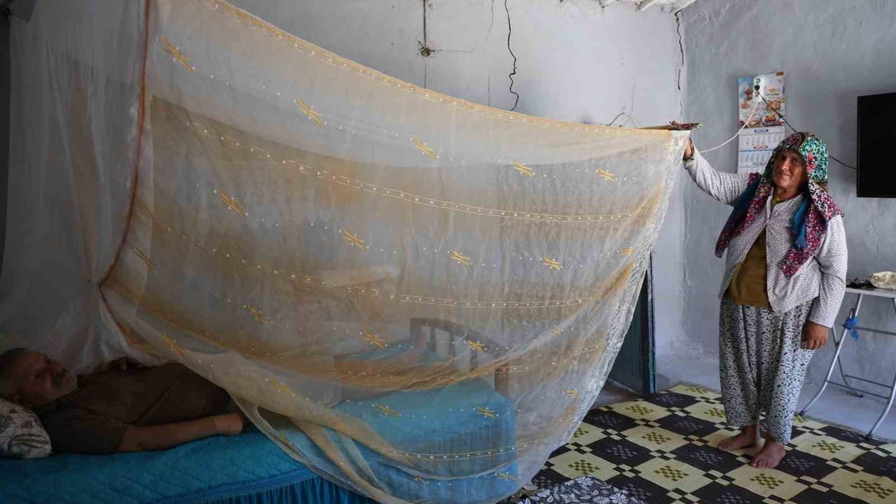 Koçarlı'da felçli eşinin rahatı için başında sinek nöbeti tutuyor