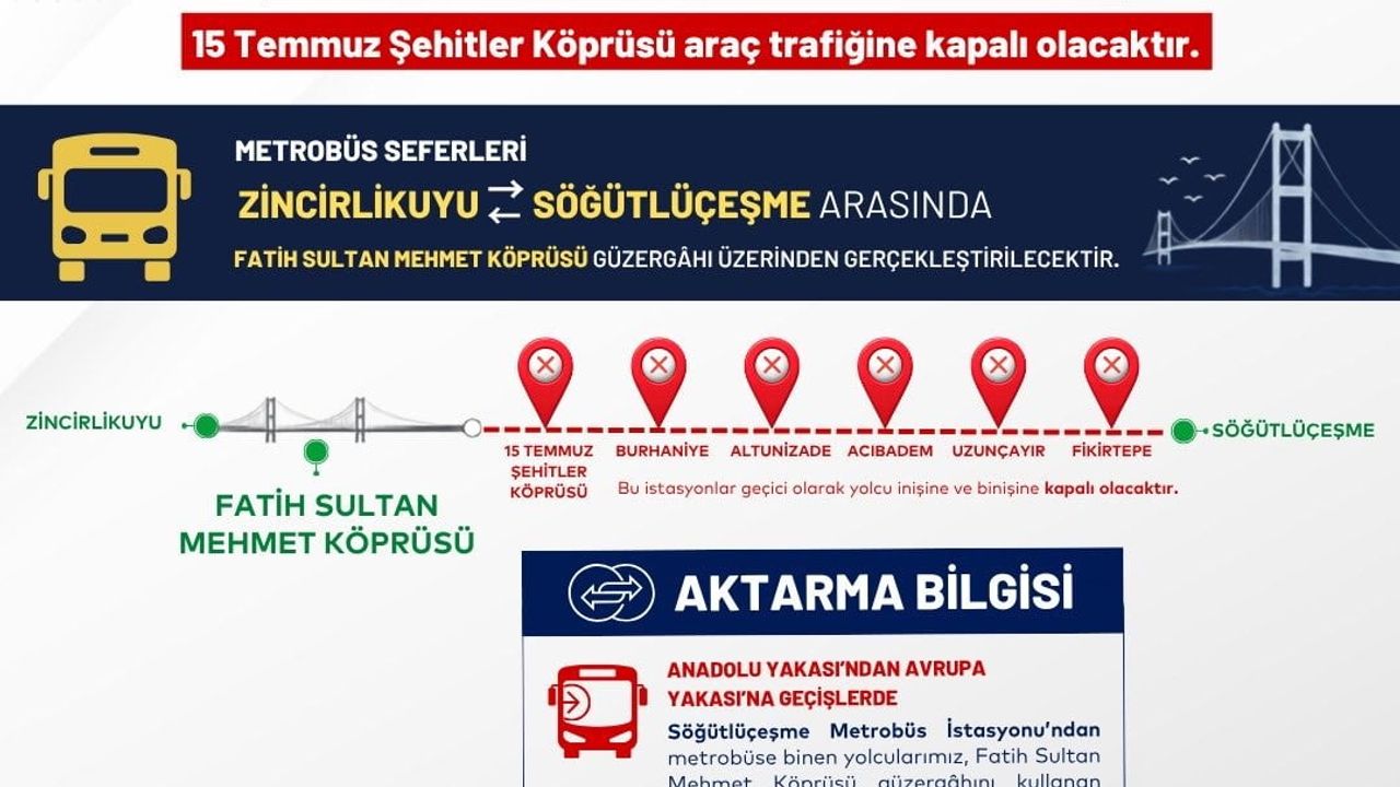 Metrobüs seferlerinde 15 temmuz düzenlemesi: metrobüsler Fatih Sultan Mehmet köprüsü'nden geçecek