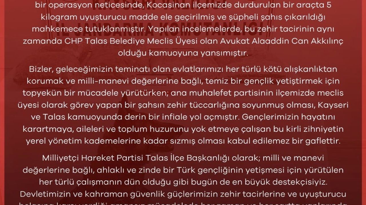 MHP'den CHP'li meclis üyesinin uyuşturucuyla yakalanmasına tepki