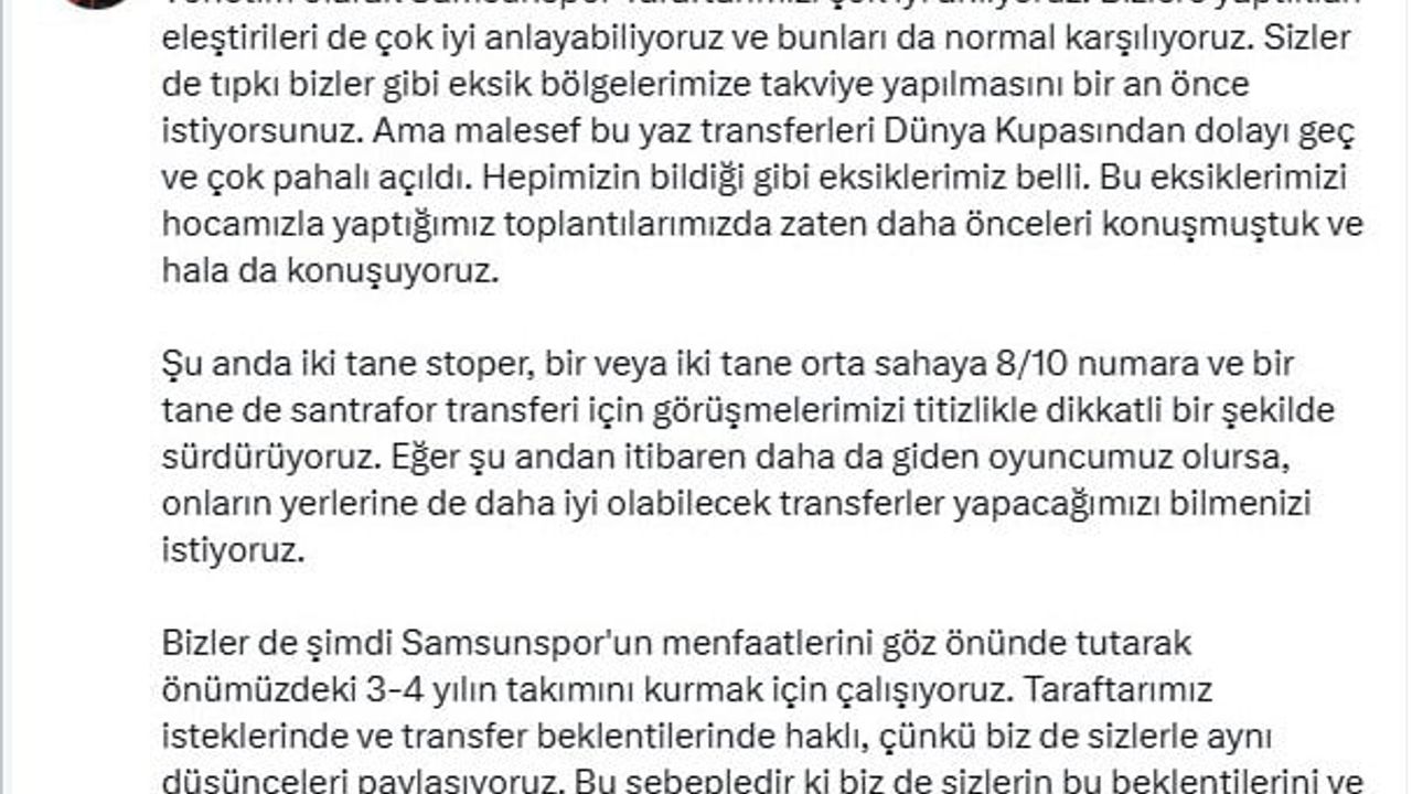 Samsunspor'un gelecek planı: 2-3 yılda ligin ilk 5'ine kalıcı olmak