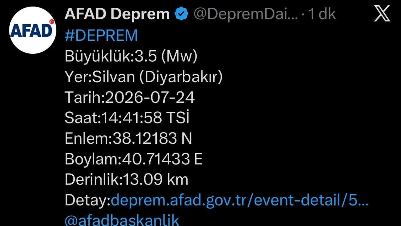 Silvan'da 3.5 büyüklüğündeki deprem kayıt altına alındı